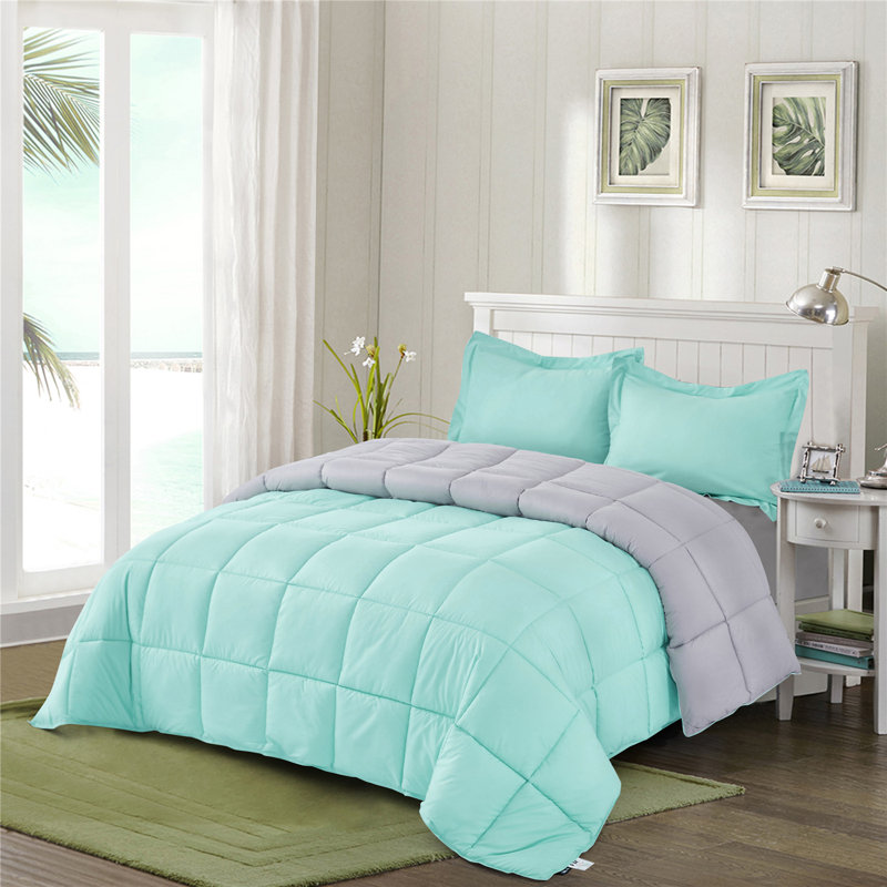 All Season Reversible Down Alternative Comforter Set with Shams - Breathable, Soft, Fluffy, Aqua Blue/Light Gray