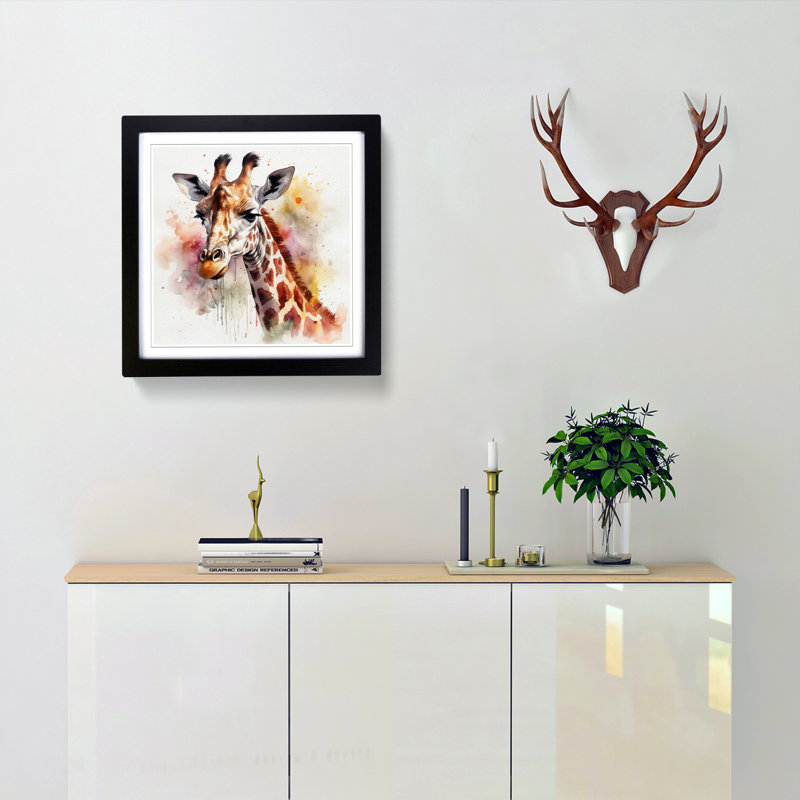 Giraffe Watercolour - Single Picture Frame Print on Wood, Black