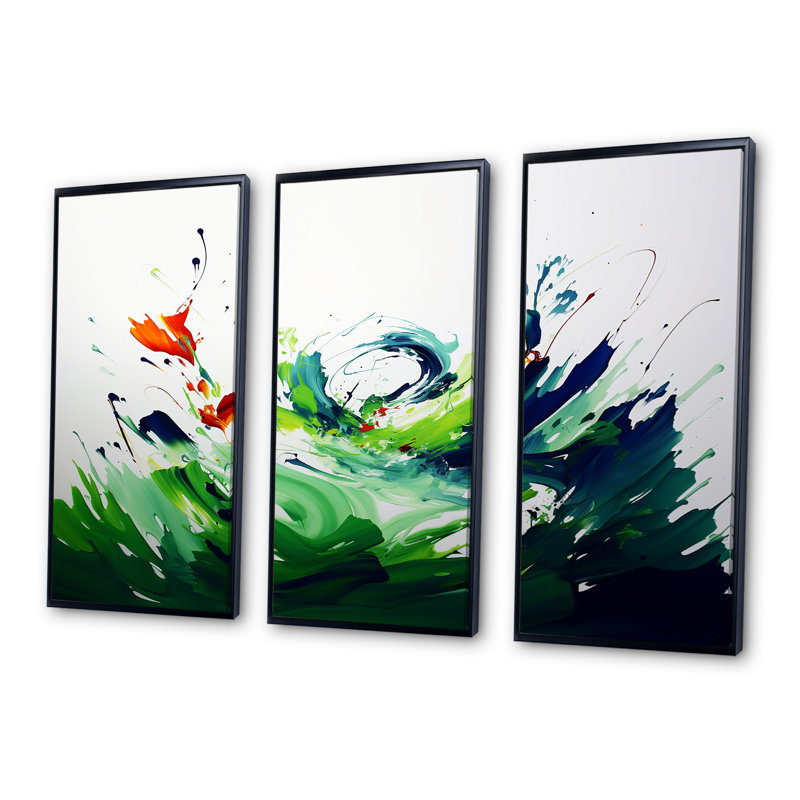 «Green and White Abstract Ink Expression I», art mural abstrait, H 28 po x l 36 po x P 1 po, Cadre flottant noir