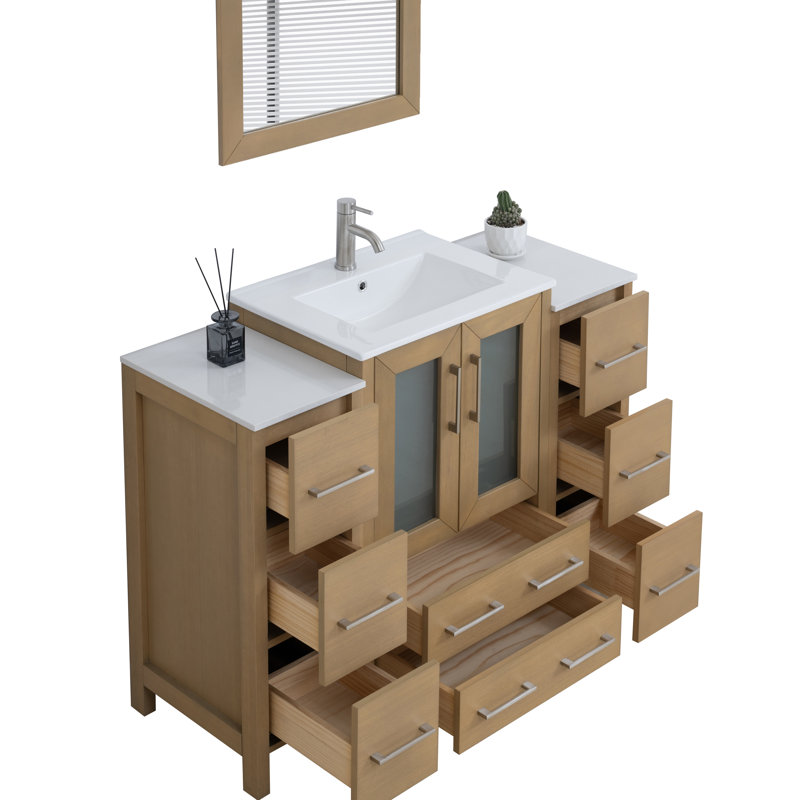 Ensemble de meuble-lavabo autoportant 48 po avec plateau en céramique et miroir assorti Brescia, Chêne naturel
