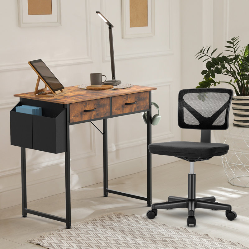 Desk and Chair Set: 32 Inch Computer Desk & Height Adjustable Black Mesh Chair, Brown/Black