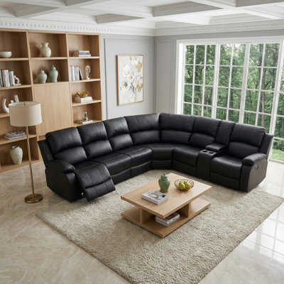 L-Shaped Black Vegan Leather Modern Manual Reclining Sofa Set