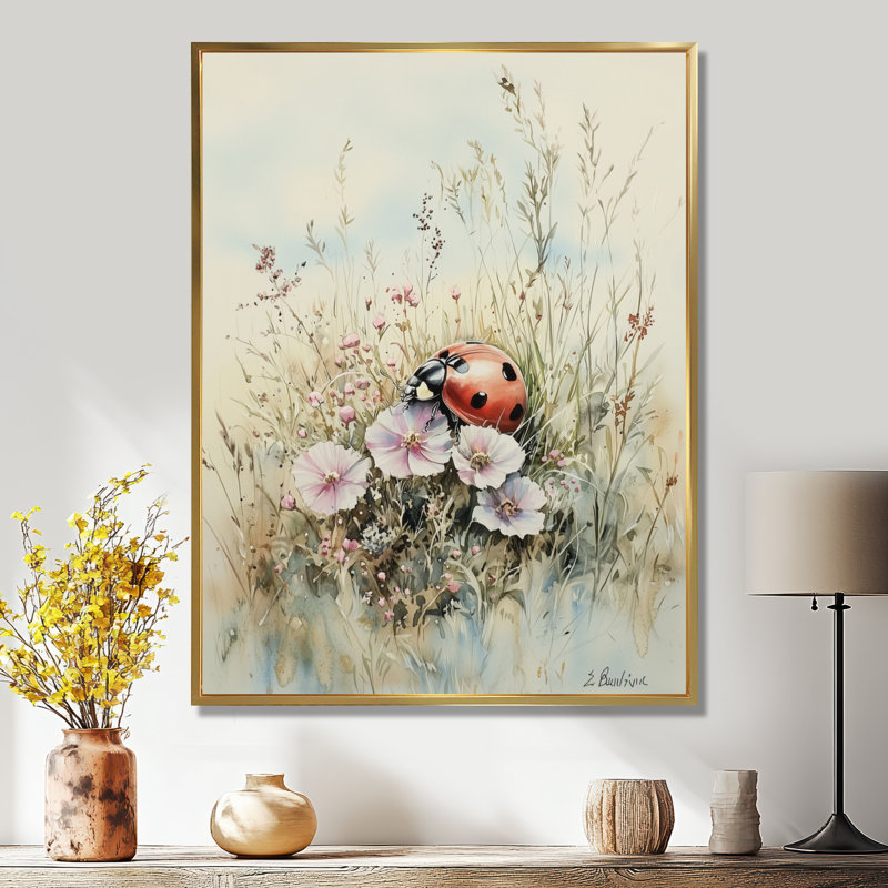 Curious Ladybug Blooms - Ladybug Wall Art, 32" H x 24" W, Floater Framed Print, Gold