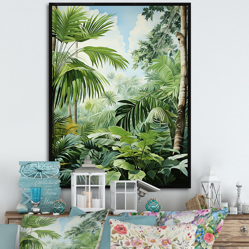 Minimalisme, jungle tropicale, tranquillité, palmiers sur toile, H 40 po x l 30 po x P 1,5 po, Cadre flottant noir