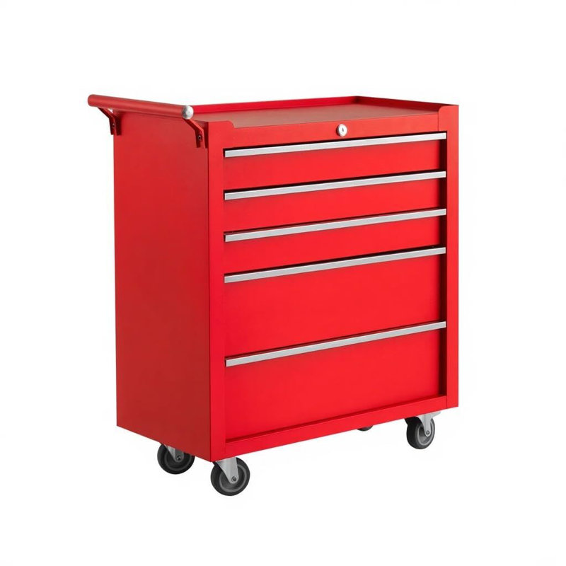 Coffre à outils roulant à 5 tiroirs, armoire à outils en acier sur roulettes avec roulettes pour garage et atelier, Rouge