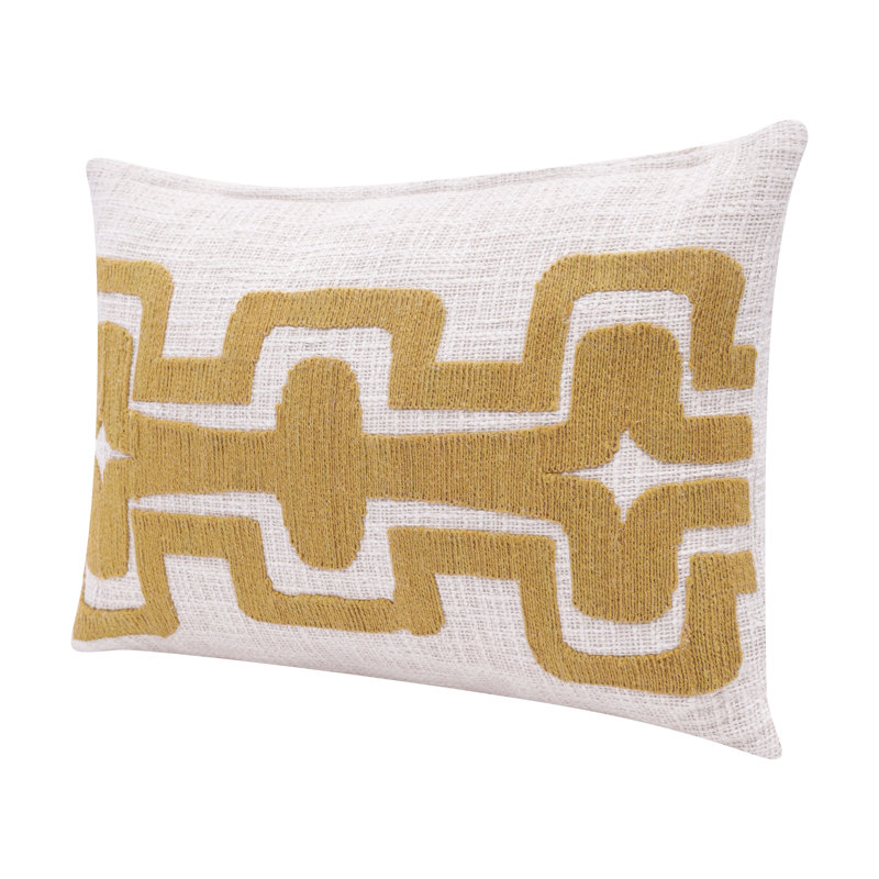 Ochre and Ivory Geometric Embroidered Rectangular Cotton Blend Pillow