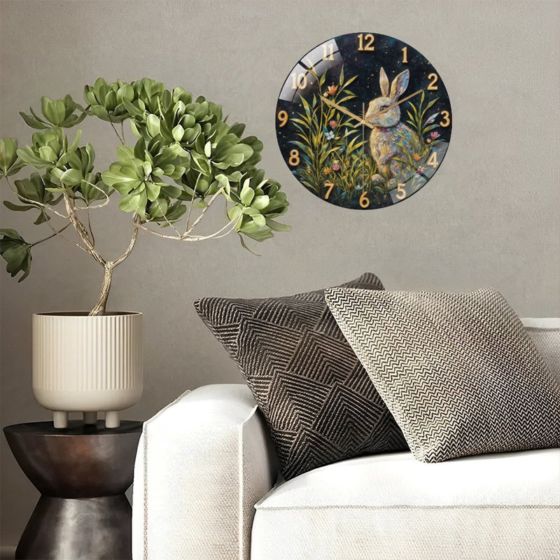 Horloge avec lapin dans un jardin étoilé - horloge murale moderne en verre 12 po