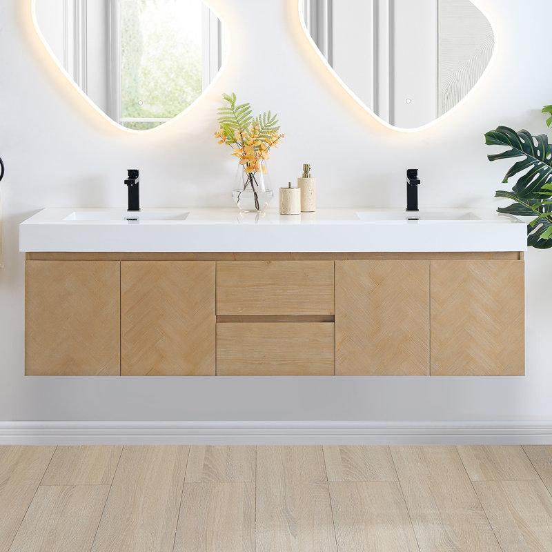 Meuble-lavabo double mural 72 po avec lavabo encastré artificiel sans miroir Ventura