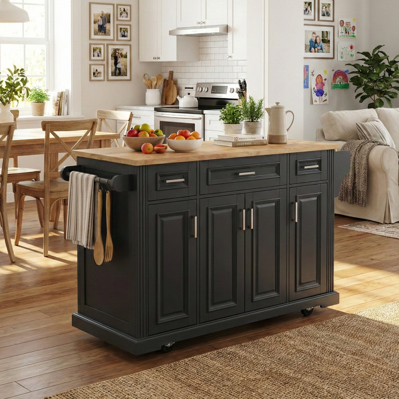54" Kitchen Island Center with Drop Leaf, Matt Black