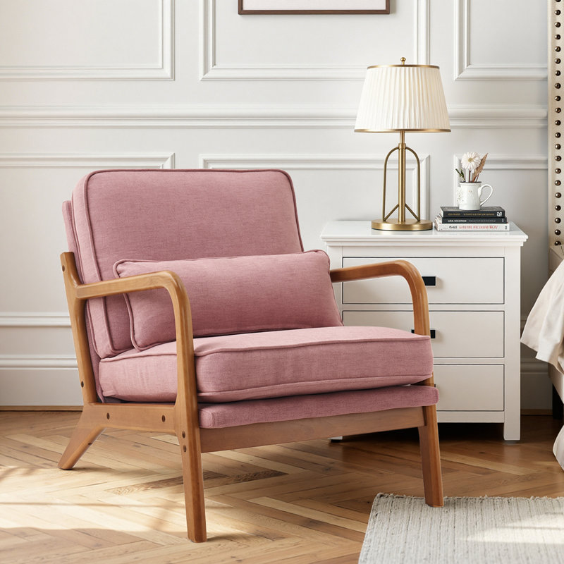 Lemley Mid Century Solid Wood Accent Chair Upholstered Armchair with an Extra Pillow, Pink Linen Blend