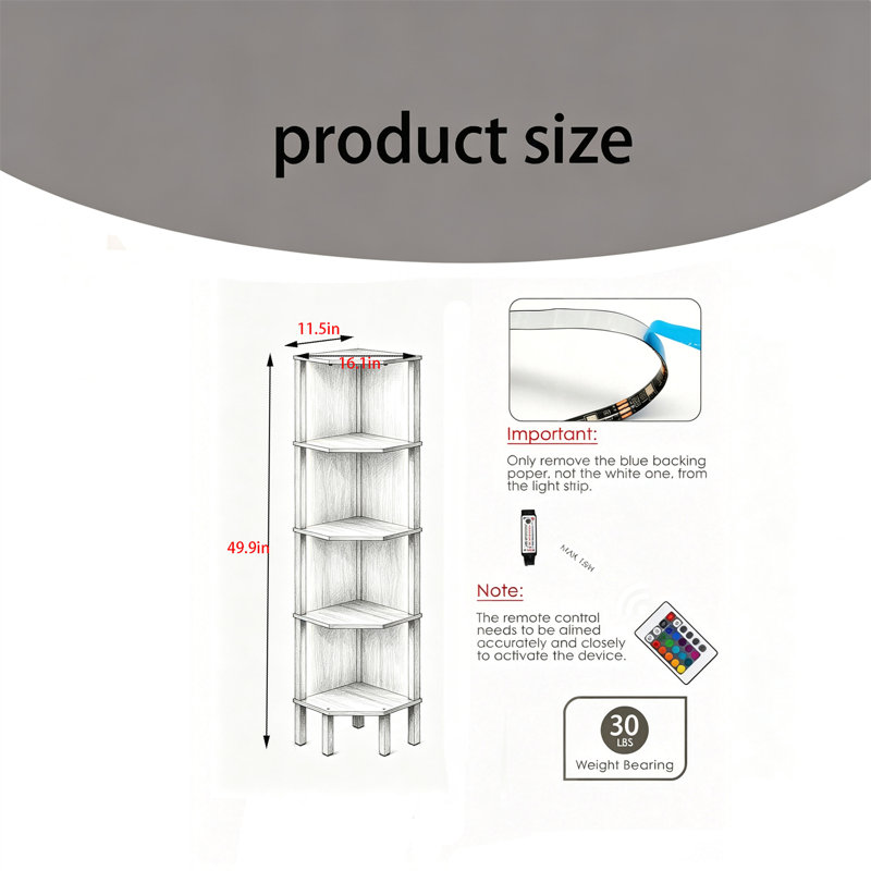 Corner Shelf, 5-Tier Corner Bookshelf, Bedroom Corner Furniture, Small Space Display Corner Rack, Wooden Shelving Unit with Storage Rack, for Living Room, Office