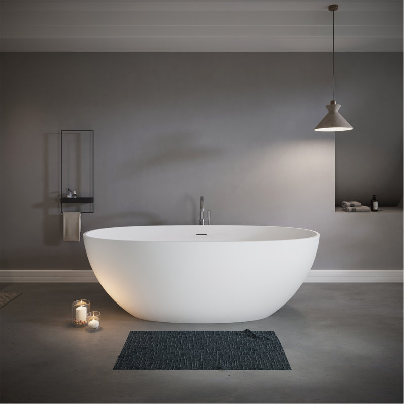 Baignoire autoportante en résine 65 po en pierre, baignoire de luxe à surface solide avec trop-plein encastré et bonde escamotable, baignoire autoportante élégante autoportante en blanc mat