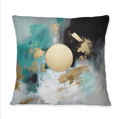 Pleine lune bonheur doré et turquoise abstrait IV - Coussin décoratif avec peinture abstraite