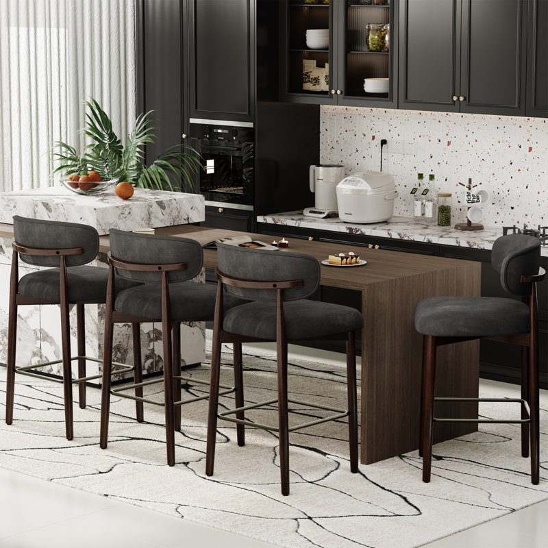 Set of 4 Bar Stools with Backs - 26 Inch Counter Height Kitchen Stools with Wood Legs, Modern Upholstered Chairs for Kitchen Island & Dining, Gray