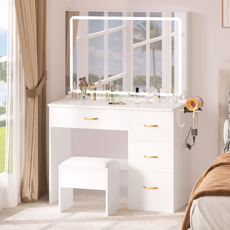 Azusena 35.4'' Vanity Built-In Outlets with Lighted Mirror, White