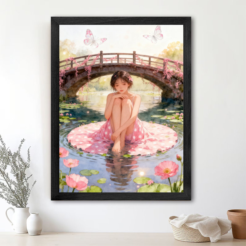 Fée rétro encadrée noire jouant dans l'étang de lotus, impression murale de style rétro, H 11 po x l 9 po