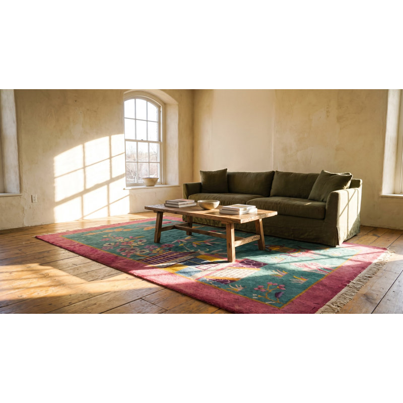 Green Antique Wool Floral Hand Knotted Pile 1920s Rectangle Rug
