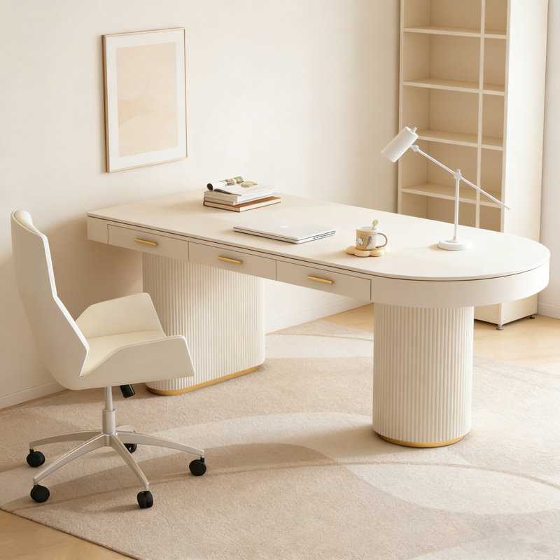 Cream Style White Sintered Stone Desk, Right, 29.53" H x 55.12" W x 27.56" D