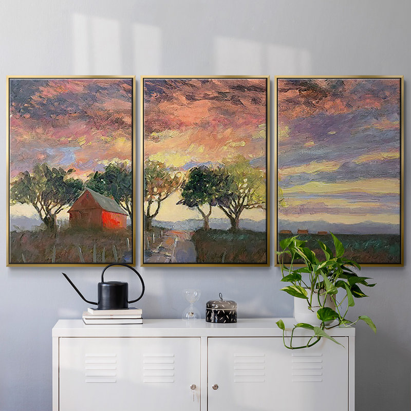 Feu dans le ciel - Toile encadrée multi-pièces, H 40 po x l 78 po x P 2 po, Or