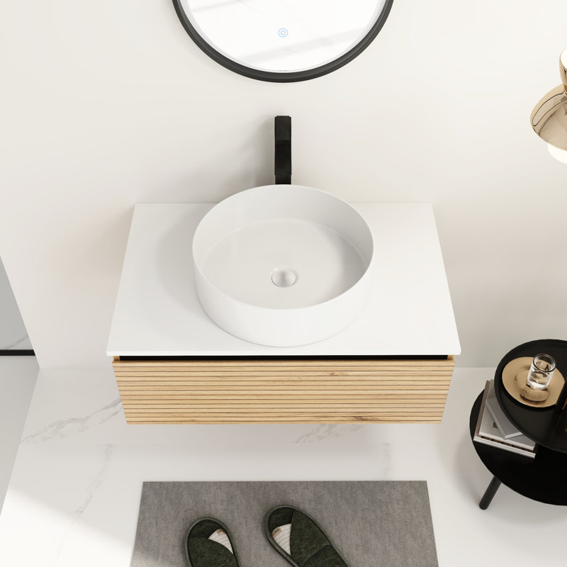 Meuble-lavabo de 76 cm avec lavabo en céramique blanche, tiroir à fermeture douce, rayures estivales attrayantes, structure en contreplaqué extensible 2/3 hygiénique, tiroir inclinable à 45° facile à ouvrir et à fermer.