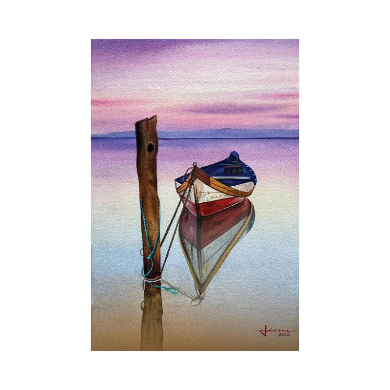 Red Sunset Boat by Liam Kumawat - Wrapped Canvas Painting, 20.32 cm H x 30.48 cm W