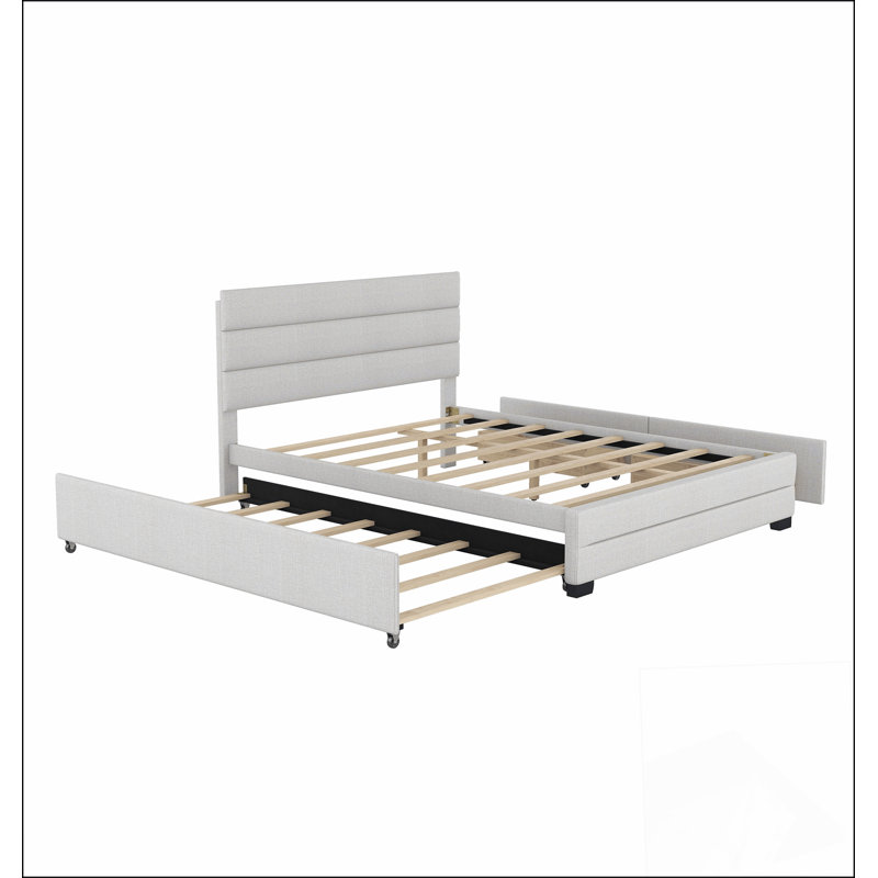 Lit plateforme tapissier avec lit gigogne et deux tiroirs