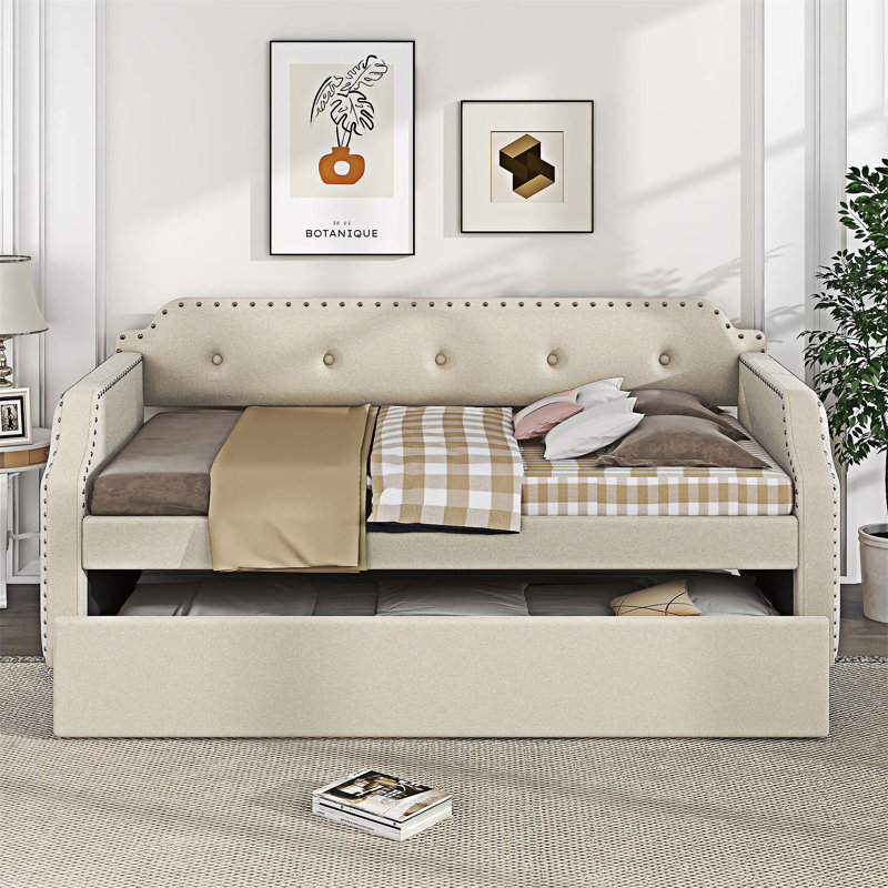 Upholstered Daybed Sofa Bed with Trundle, Beige