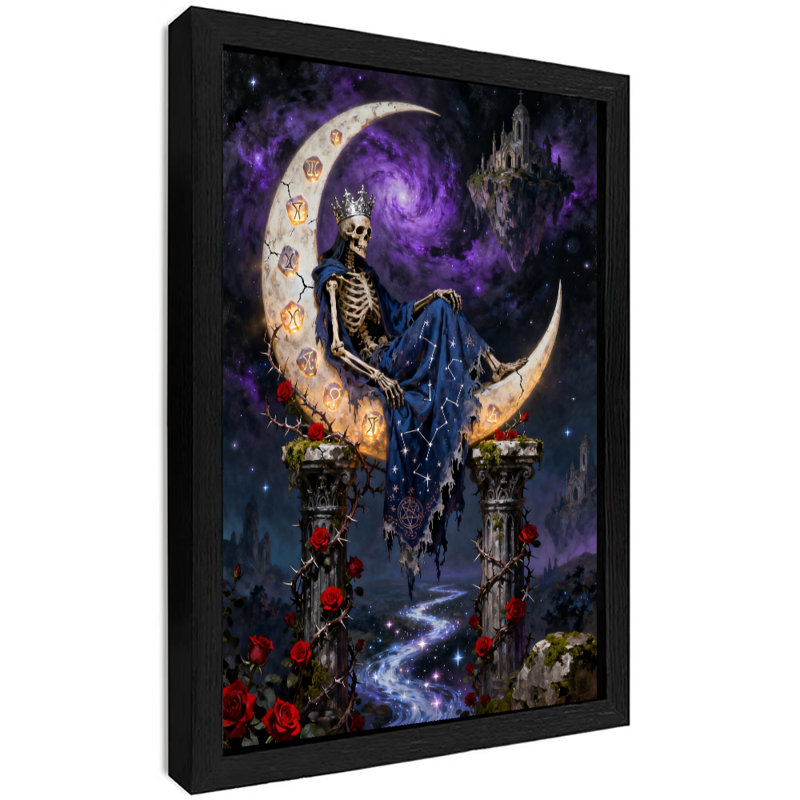 Art mural encadré noir squelette rétro assis sur la lune, mystérieuse astrologie, impressions de style sombre