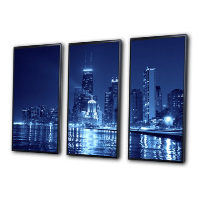 «Blue Chicago Skyline Night - Cityscape», ensemble d'art mural sur toile