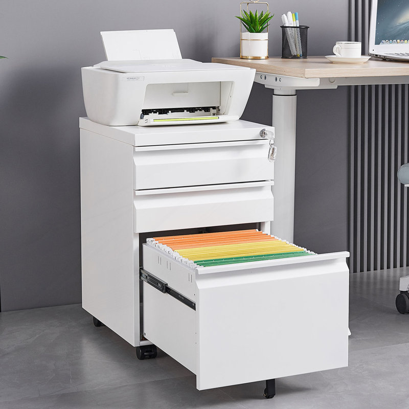 Classeur mobile 3 tiroirs avec serrure, classeur de bureau, armoire de salon, Blanc