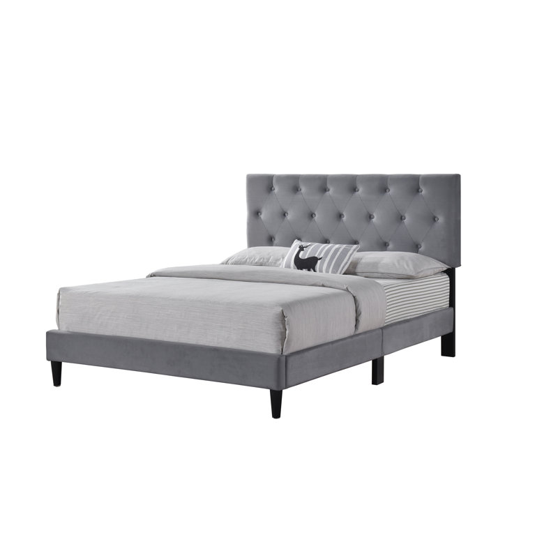Lit plateforme en velours avec tête de lit capitonnée réglable, cadre de lit tapissier moderne, aucun sommier requis, grand, gris