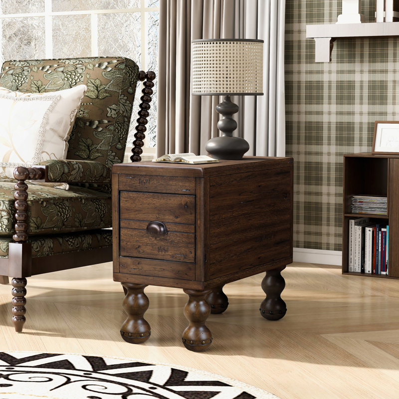 Table de bout en bois massif, table de bout rectangulaire étroite avec tiroir 23,6 po, table de chevet rétro, Espresso