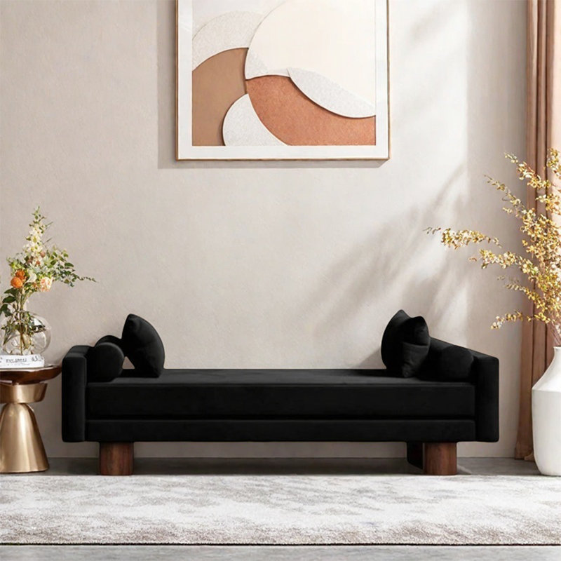 Banc minimaliste avec revêtement noir, H 19,69 po x l 70,87 po x P 23,62 po