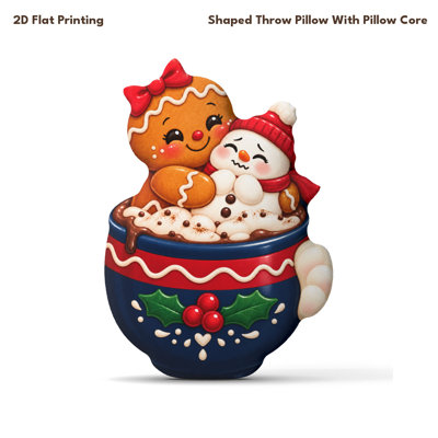 Gingerbread Snowman Christmas Cocoa Cup Holiday Cute 2D Flat Printing Shaped Filling Pillow Decorative Cushion, Suitable for Gifts, Bedroom Sofa Room Party Decor 35cm