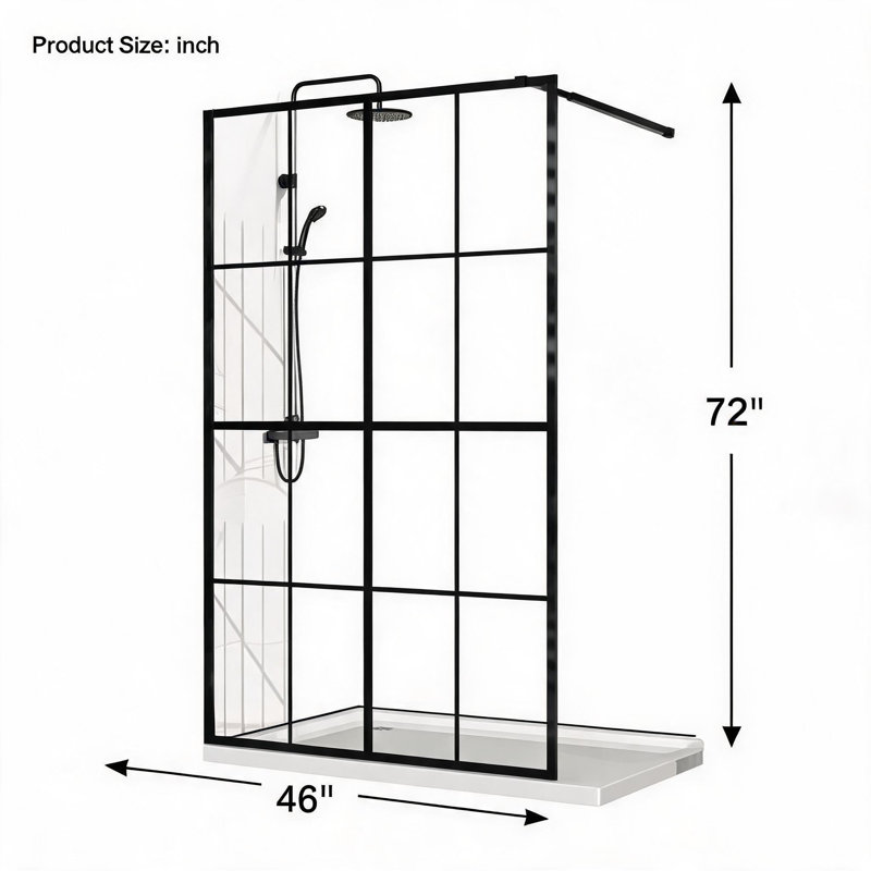 Paroi de douche à l'italienne avec cadre en aluminium noir de 46 pouces x 72 pouces et 4 panneaux en verre trempé