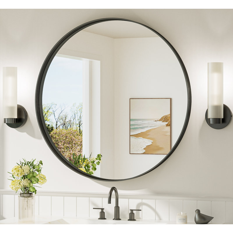 Valancia Round Bathroom Vanity Mirror with Aluminum Alloy Frame, Shatter-proof Film, 30" x 30", Black