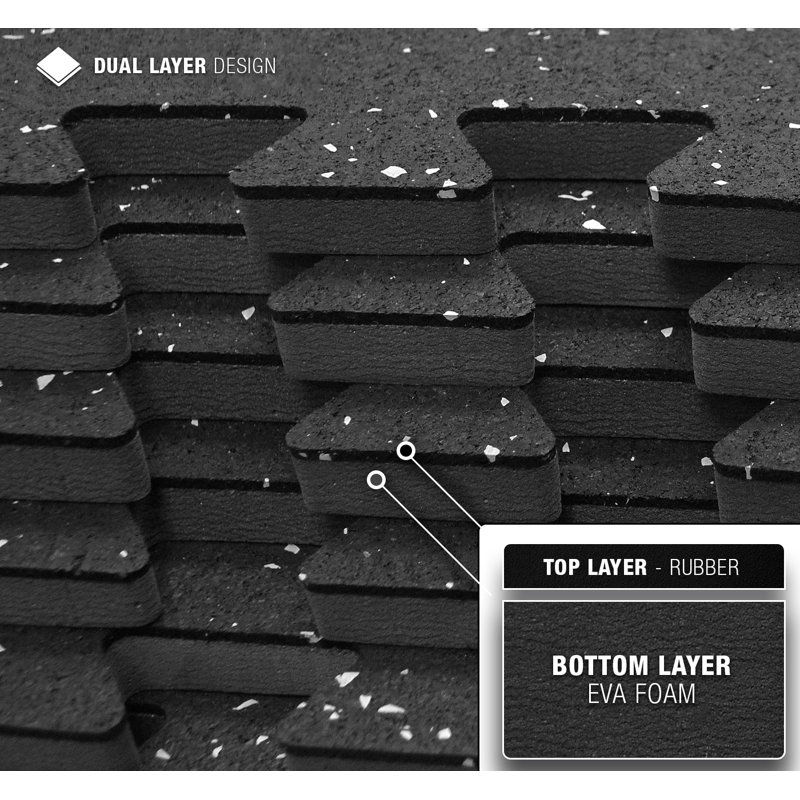Black and Gray Speckled Rubber Interlocking Gym Floor Mat Set