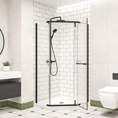 Cabine de douche à pivot 36 po x l 36 po x H 72 po avec verre trempé transparent de 1/4 po, cabine de douche sans cadre avec film antidéflagrant et revêtement nano, porte de douche néo-angle au fini noir mat, installation réversible