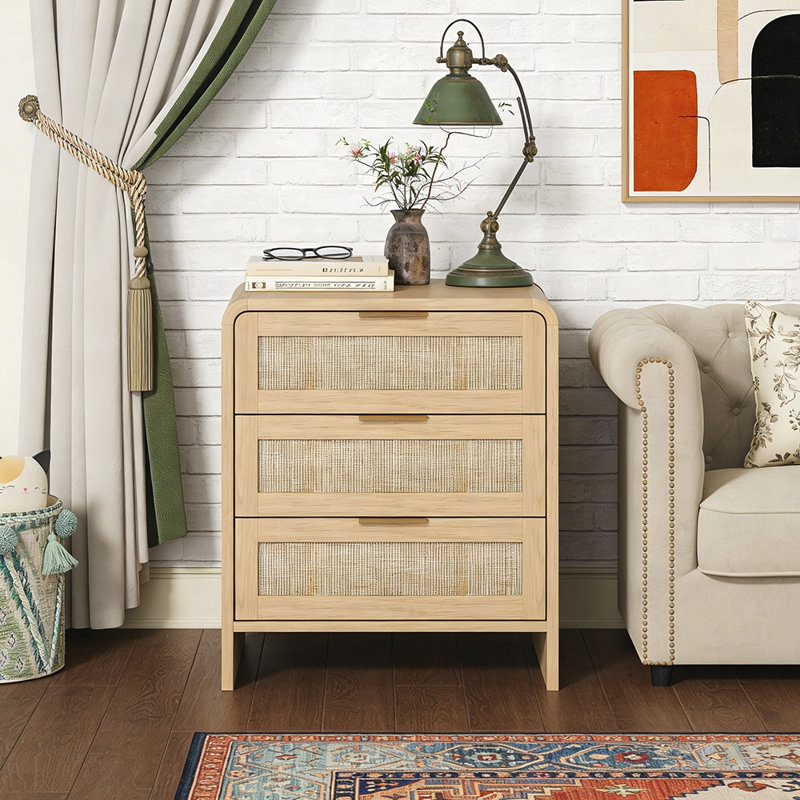 3-Drawer Nightstand With Curved Edges And Gold-Tone Handles, 22.8-Inch Wide Bedside Storage Table, Oak, Individual