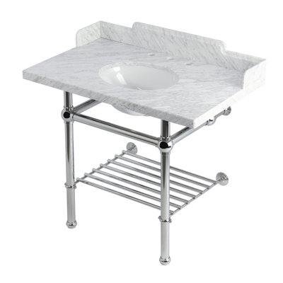 Kingston Brass Pemberton 36-Inch Carrara Marble Console Sink with Brass Legs and Shelf (8-Inch, 3-Hole)