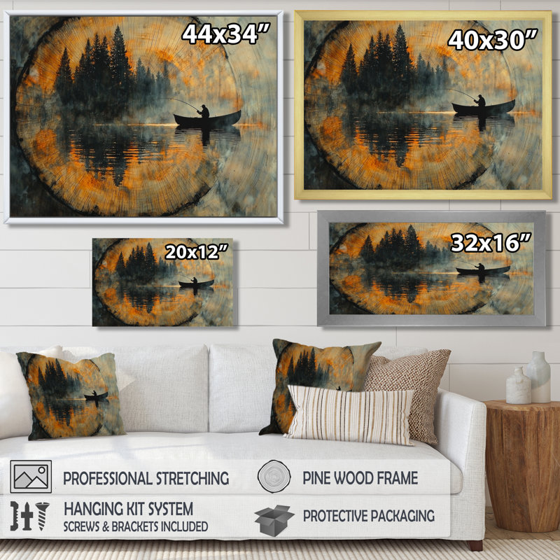 Giaan, pêche, tranquillité, rivière, paysage, bateau, pêche, art mural, H 30 po x l 40 po, Black