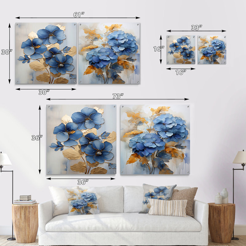 Élégant ensemble de 2 peintures murales en acrylique or et bleu Pansy III, H 16 po x l 33 po
