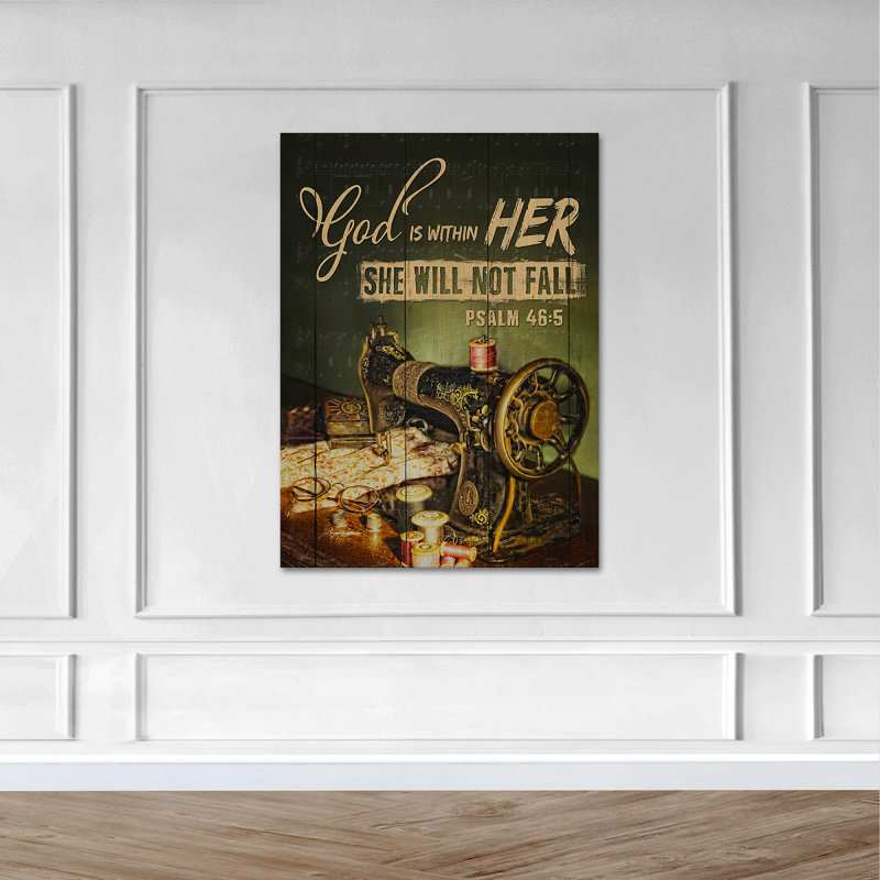 Vieille machine à coudre - «God is sein Her» - impression sur toile tendue, H 24 po x l 14 po x P 2 po