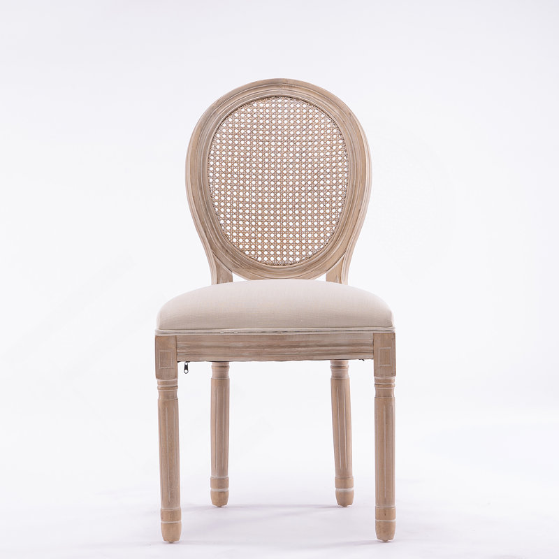 Chaise de salle à manger en bois massif de style français avec dossier en rotin et siège en lin, ensemble de 2 pour un usage quotidien élégant.