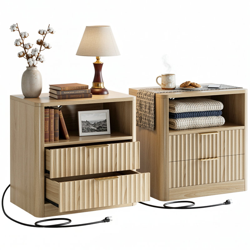 Table de chevet avec station de charge, table de chevet cannelée à 2 tiroirs avec tablette ouverte, table de chevet de rangement pour chambre à coucher (ensemble de 2)