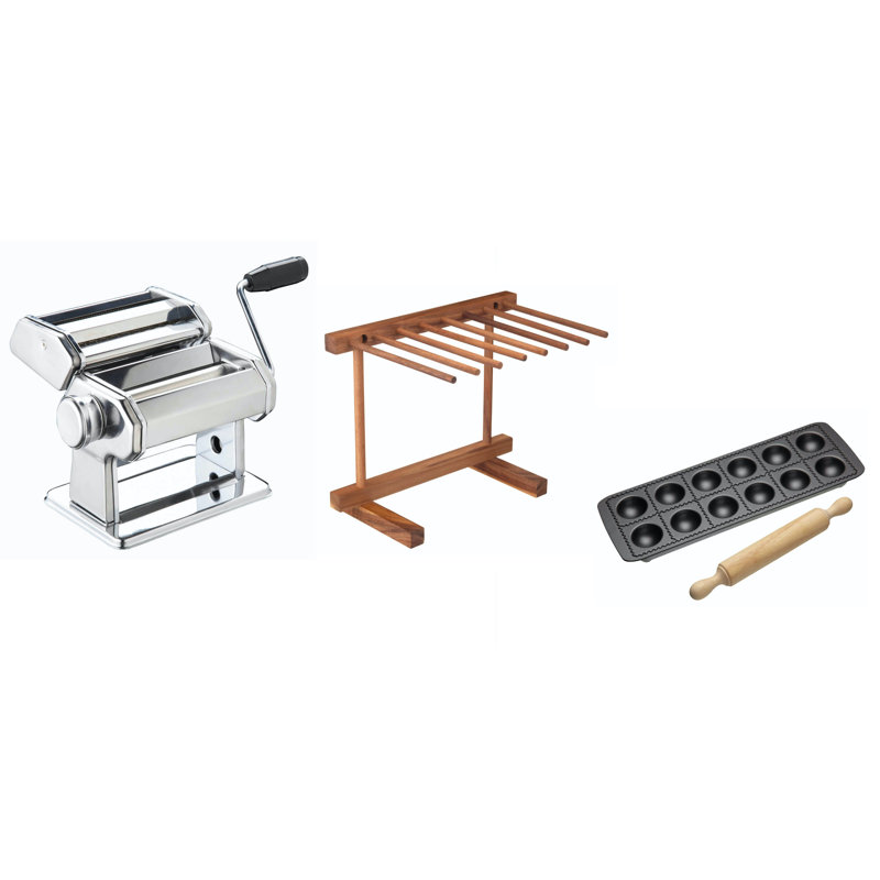 World Of Flavours Italian Deluxe Double Cutter Pasta Machine, Pasta Drying Stand, Ravioli Cutter