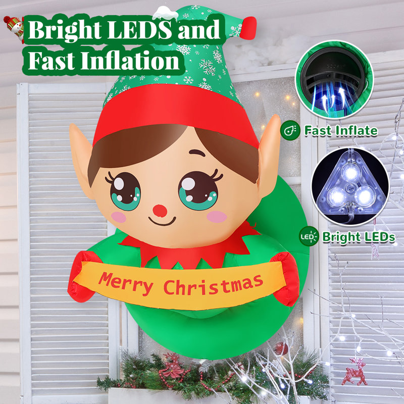 Christmas Inflatables 3.4 FT Inflatable Christmas Elf Lean Out From Window