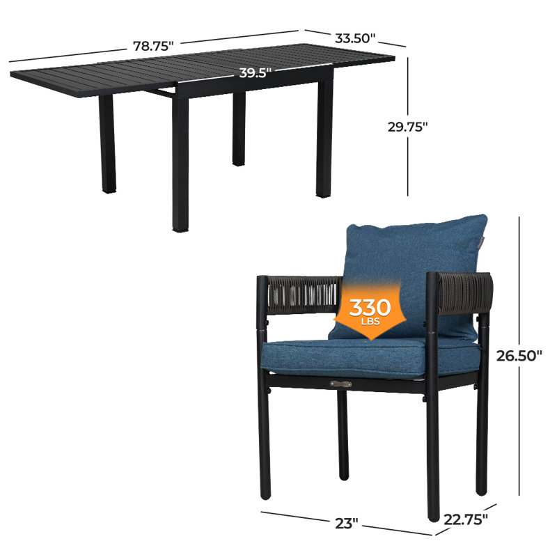 Ensemble de salle à manger 7 pièces en osier avec table extensible en acier, Coussin bleu foncé / cadre brun