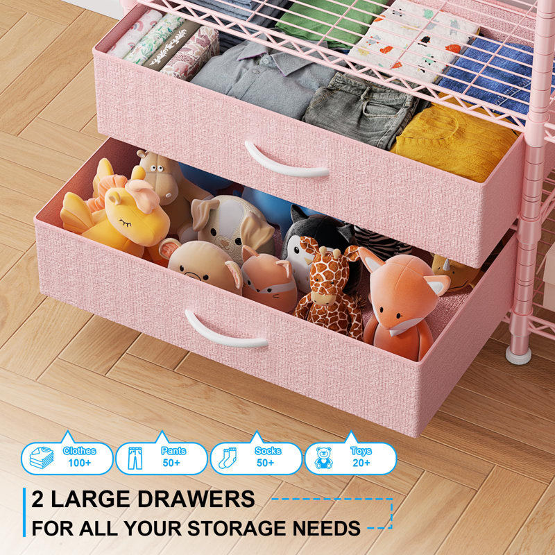 Pink Carbon Steel Portable Clothes Rack with Fabric Drawers