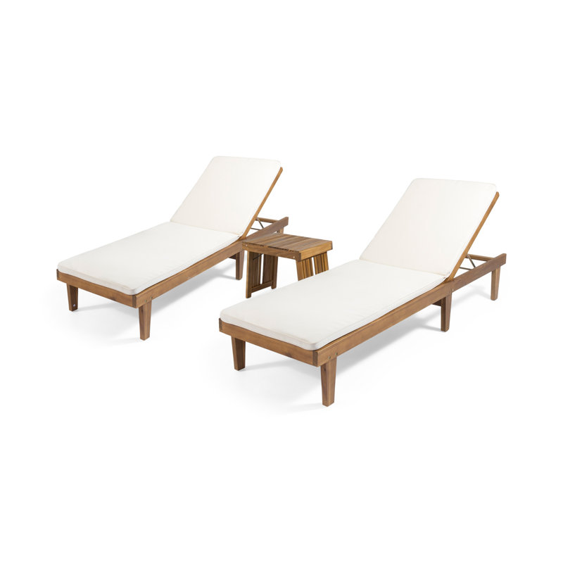 Morell Outdoor Acacia Wood Chaise Lounge Set with Table , Cushion Included, Cream, Teak